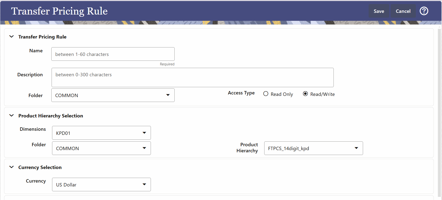 Transfer Pricing Rule definition screen Transfer Pricing Rule definition screen