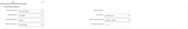 The Product Definition Main tab allows you to select the Product Properties.