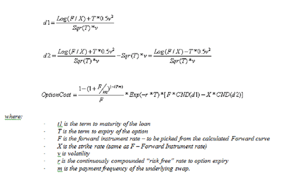 This illustration shows the formula to calculate Black Formula for calculating Rate Lock Option Cost. This illustration shows the formula to calculate Black Formula for calculating Rate Lock Option Cost.