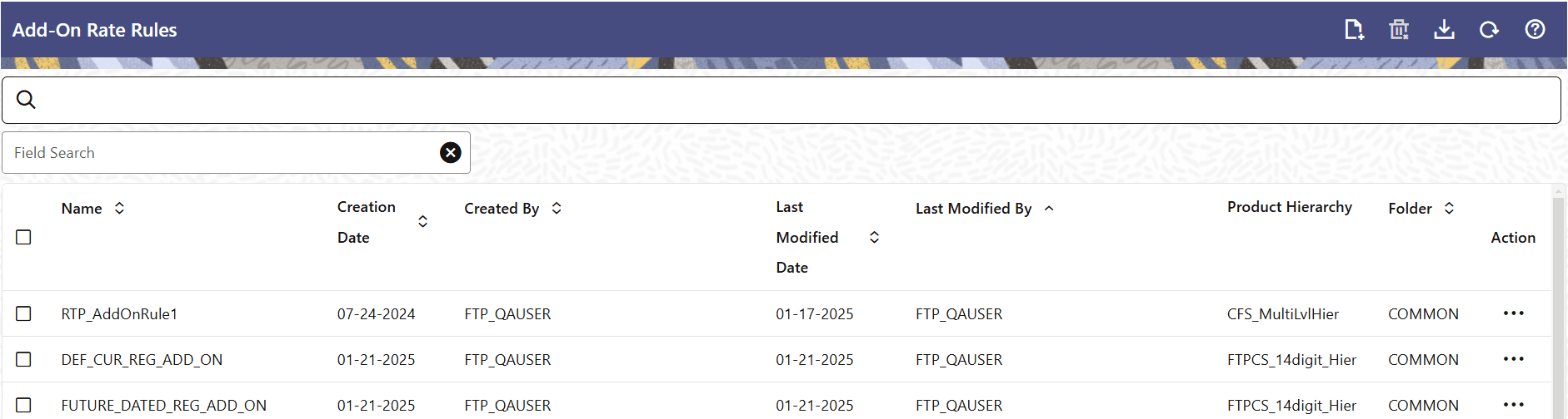 Add-On Rates summary page