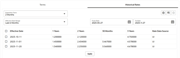This screen allows you to input the volatility rates for each combination of the loan term and rate lock term and for each effective date that you wish to store historical volatility data. This screen allows you to input the volatility rates for each combination of the loan term and rate lock term and for each effective date that you wish to store historical volatility data.