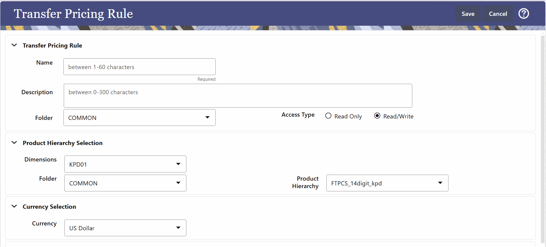 Transfer Pricing Rule definition screen Transfer Pricing Rule definition screen