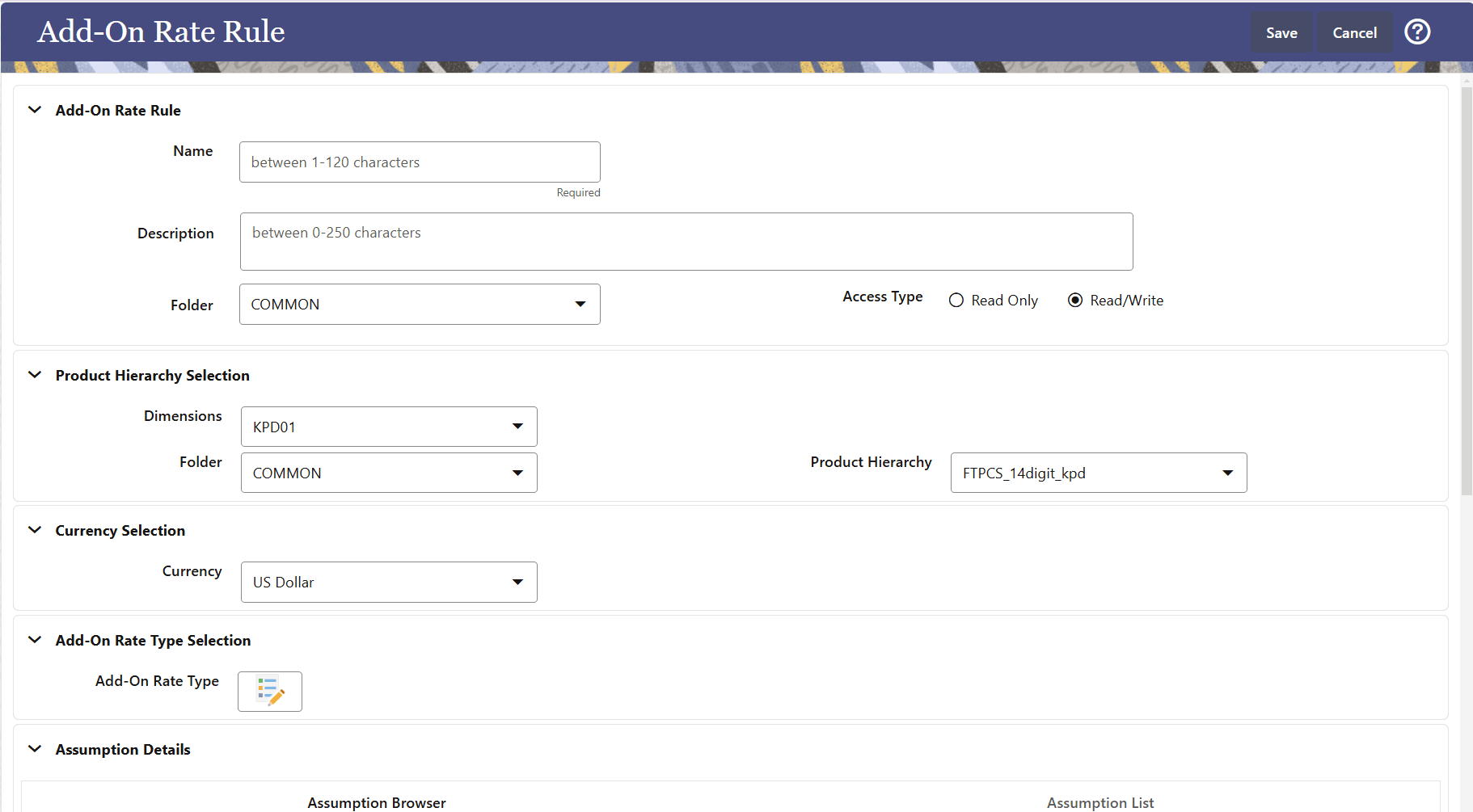 Add-On Rate Rule - Definition Mode