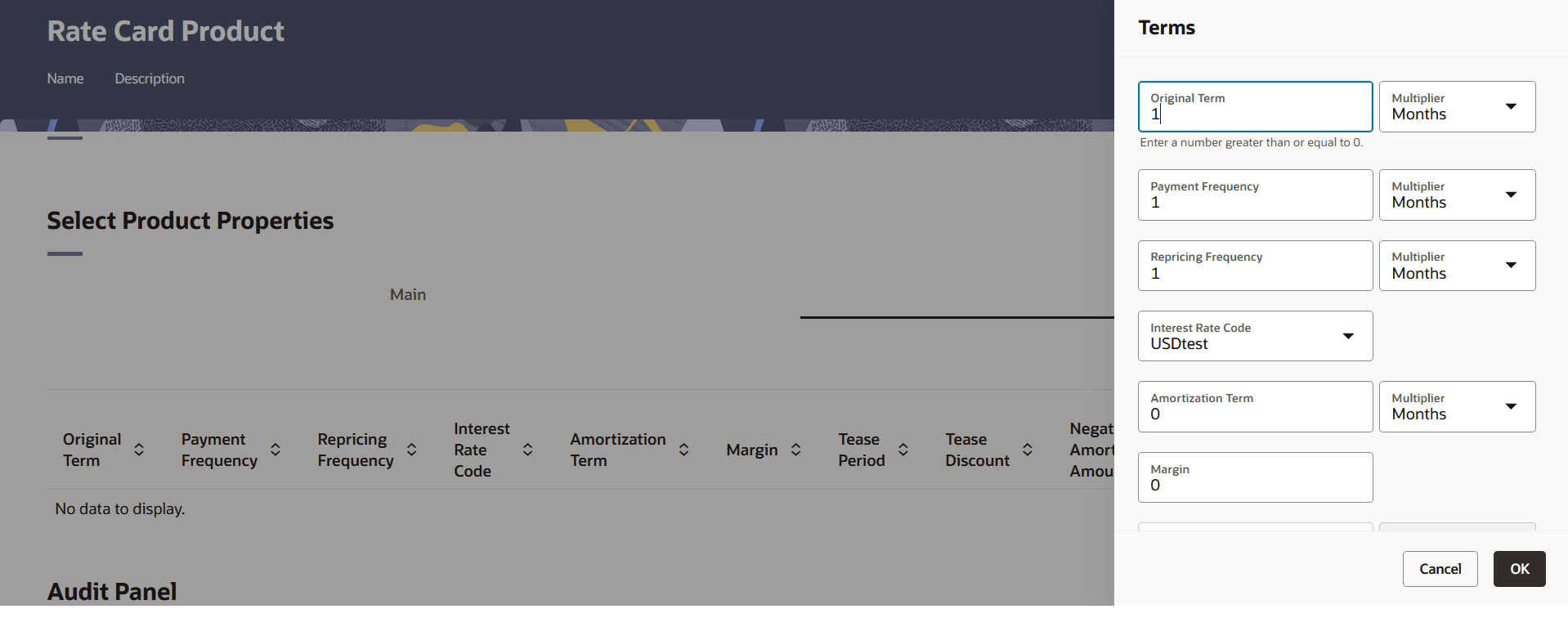 The Product Definition – Terms Tab allows you to enter and select the Terms for the product.