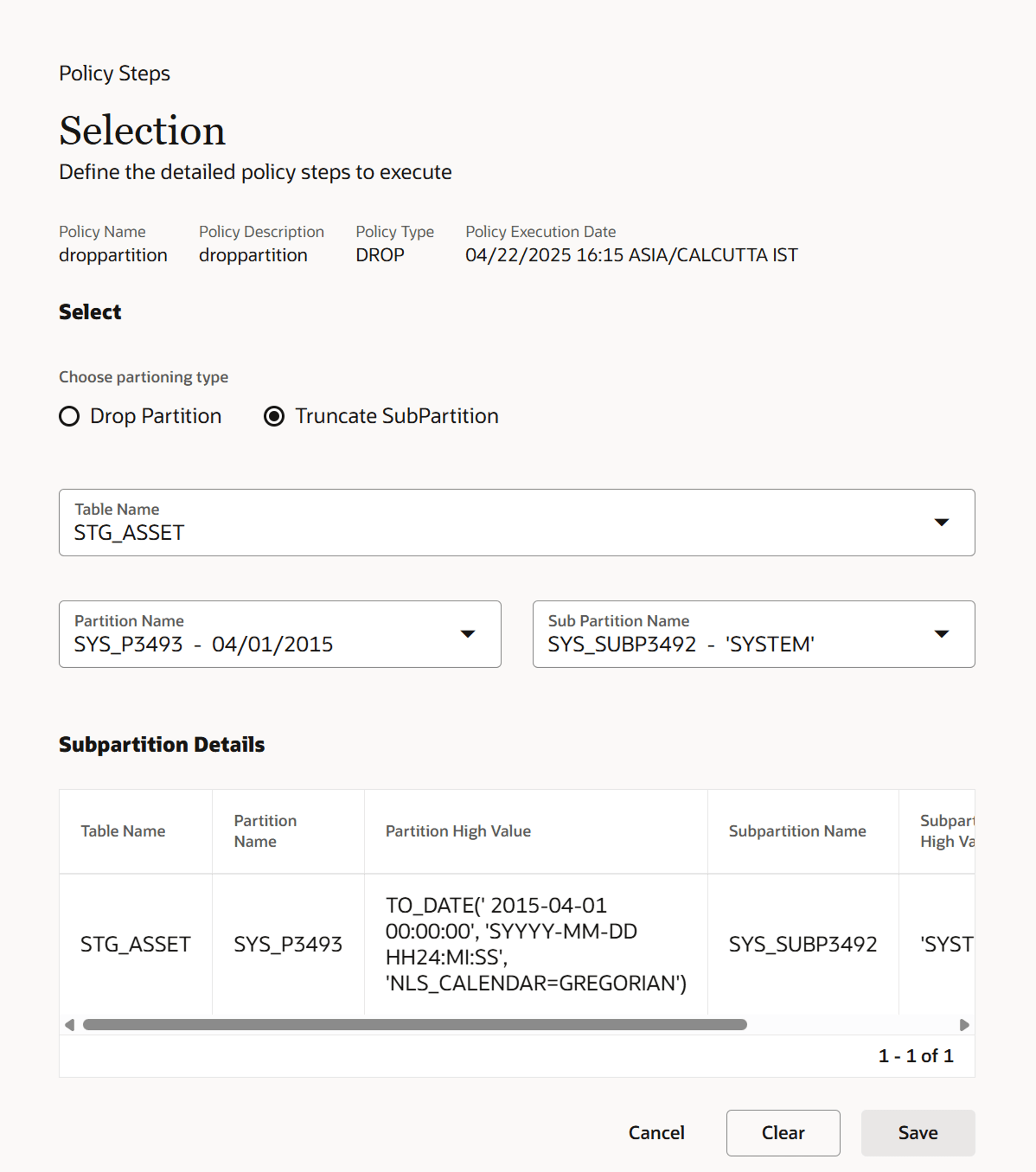 Partition type as Truncate Subpartition