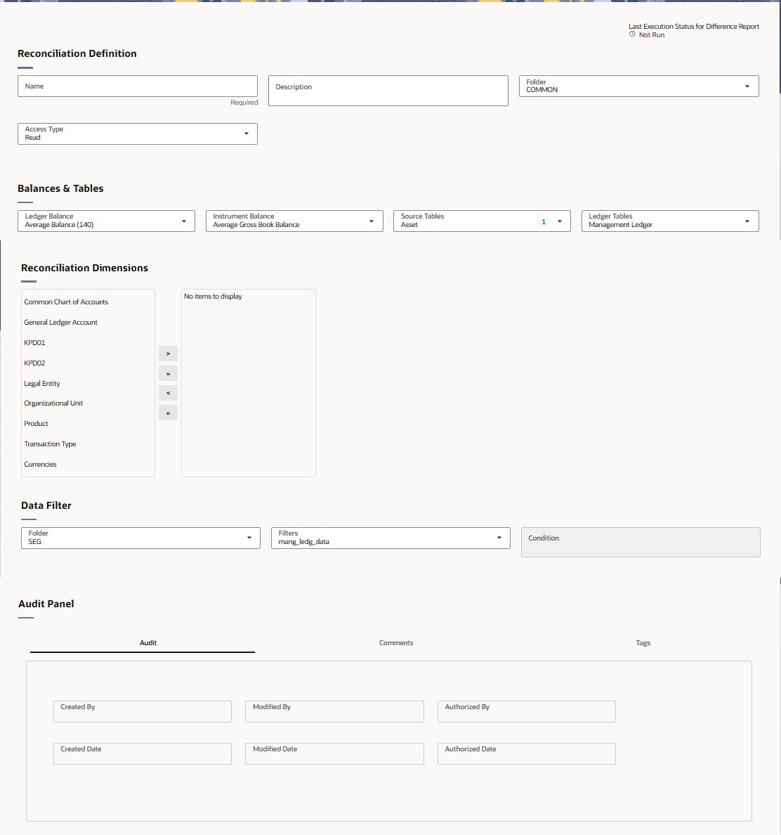 Create Reconciliation Definition Screen