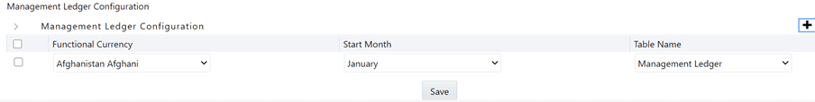 The Management Ledger configuration window allows you to define the functional currency, start month, and table name.