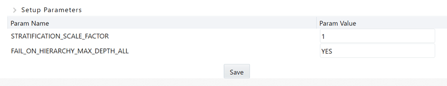 The Setup Parameters window allows you to define the STATIC_TABLED_TEMP_TABLE_CROSS_JOIN_LIMIT value for the Profitability Management application.
