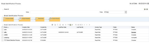 The Break Identification Process summary page screen displays the summary of the Break Identification Processes.