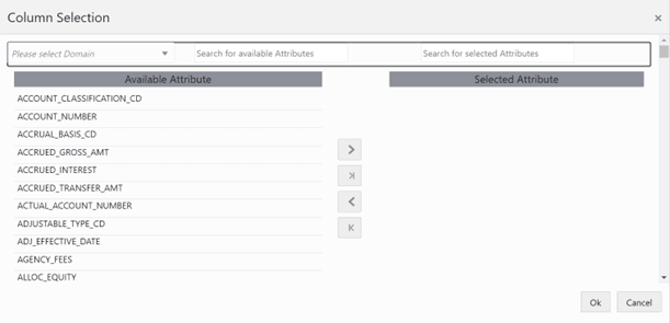 This screen allows you to select a Domain and displays the available attributes for the Domain. You can select the attributes and move them to the Selected Attributes list.