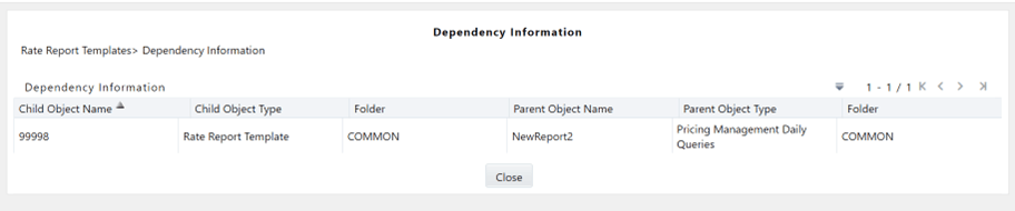 This screen displays the dependencies (if there are any) for the Rate Report Template that you want to delete.