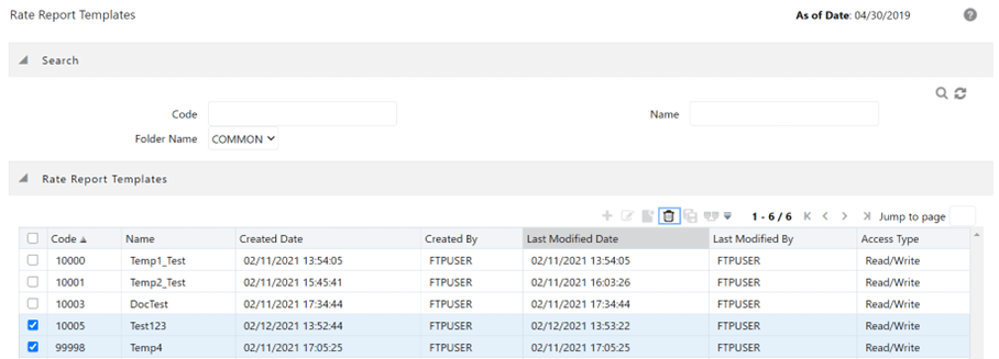 This Rate Report Template summary screen allows you to select an existing Rate Report Template and delete it.
