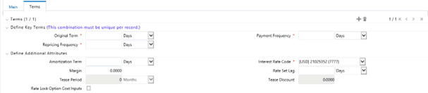 The Product Definition – Terms Tab allows you to enter and select the Terms for the product.