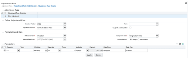 This part of the Adjustment Rule Details screen allows you to define the Term-Point, Coefficient, and Rate Spread.