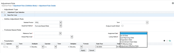 This screen allows you to define Adjustment Rule Details - Formula Based Rate.