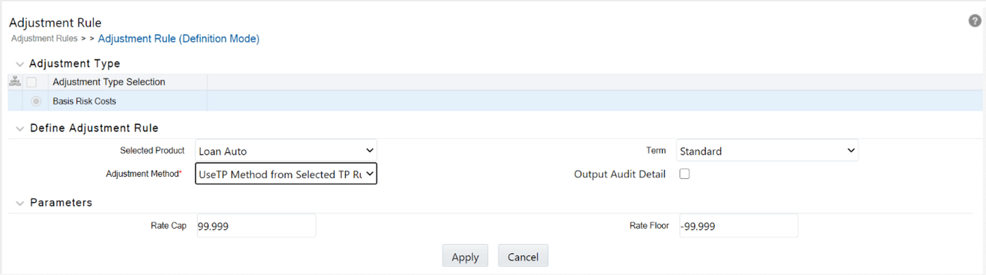 You can attache any Transfer Pricing Rule on this screen separately for each type of add-on-rate. The TP Methods mapped to product hierarchy members in the TP Rule will be read during the adjustment rate calculation process and applied during the calculation of the Adjustment Rate(s). Outputs will be written to the respective Adjustment Rate column, for example, Basis Risk Cost Rate, Liquidity Premium Rate, Pricing Incentive Rate, or Other Adjustment Rate. You can attache any Transfer Pricing Rule on this screen separately for each type of add-on-rate. The TP Methods mapped to product hierarchy members in the TP Rule will be read during the adjustment rate calculation process and applied during the calculation of the Adjustment Rate(s). Outputs will be written to the respective Adjustment Rate column, for example, Basis Risk Cost Rate, Liquidity Premium Rate, Pricing Incentive Rate, or Other Adjustment Rate.