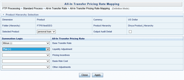 This screen allows you to define the All-In Transfer Pricing Rate Mapping - Definition Mode.