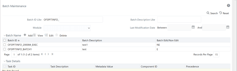The Batch Maintenance screen allows you to create a batch to delete the records from the FSI_O_FTP_ADJ_TP_VALUES table.