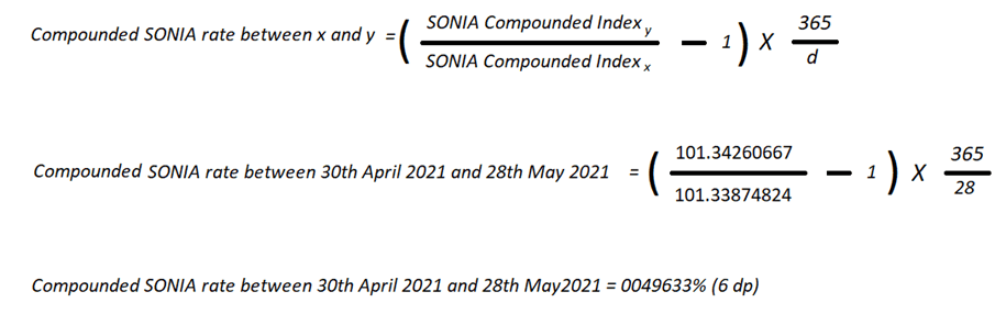 This formula explains the Compounded SONIA rate for different dates. This formula explains the Compounded SONIA rate for different dates.