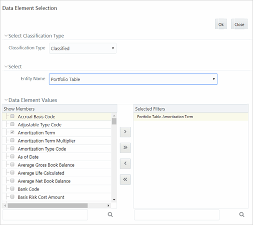 This illustration shows the Data Element Selection window. The window has panes such as, Select Classification Type, Select, and Data Element Values. To add the data element, you need to specify the fields in these panes.