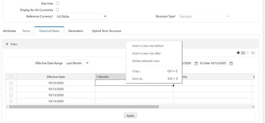 The historical rate tab allows you to delete or insert multiple rows, apply a formula on a particular column, export the data to an Excel sheet, copy data from Excel and paste it in the different columns. The historical rate tab allows you to delete or insert multiple rows, apply a formula on a particular column, export the data to an Excel sheet, copy data from Excel and paste it in the different columns.