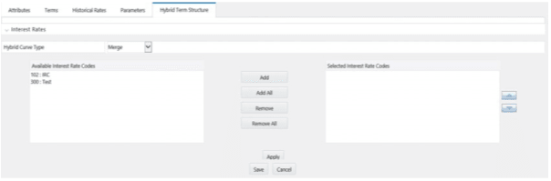 The Hybrid Curve tab on the Interest Rate Code window allows you to specify three hybrid yield curves namely, Spread, Moving Average, and Merge. The Hybrid Curve tab on the Interest Rate Code window allows you to specify three hybrid yield curves namely, Spread, Moving Average, and Merge.