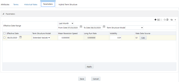 The Parameters tab on the Interest Rate Code window allows you to calculate parameters for any Term Structure Model for a given Effective Date, based on your relative look back term and a sufficient number of observations (available historical rates) for the IRC.