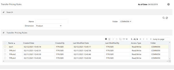 This screen displays the Transfer Pricing Rules that are already created.