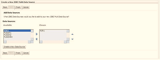 Map the required Data Source from the Available Data Sources. Click Finish. The New JDBC Multi Data Source is created with added data sources. Map the required Data Source from the Available Data Sources. Click Finish. The New JDBC Multi Data Source is created with added data sources.