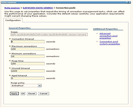 Set the Connection timeout, Maximum connections, and Minimum connections. You can also define Reap time, Unused timeout, and Aged timeout as required.