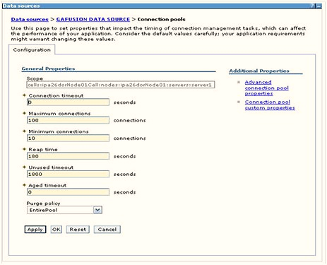 Set the Connection timeout, Maximum connections, and Minimum connections. You can also define Reap time, Unused timeout, and Aged timeout as required.