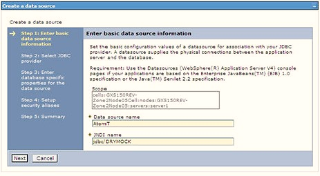 Specify the Data source name and JNDI name for the new "Data Source". The JNDI name and Data source name are case sensitive and ensure that JNDI name is the same as the "Information Domain" name. Click Next to display the Select JDBC provider window.