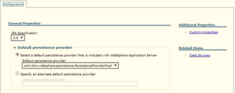 On the Application servers window, click the required Application Server link. Click Container Services and then click Default Java Persistence API settings to display the Configuration window.