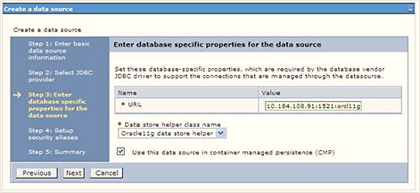 Select Data Store Helper Class Name from the drop-down list and ensure that the Use this data source in container managed persistence (CMP) check box is selected. Select Data Store Helper Class Name from the drop-down list and ensure that the Use this data source in container managed persistence (CMP) check box is selected.