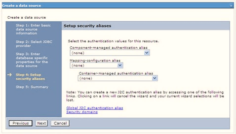 Map the J2C authentication alias, if already created. If not, you can create a new J2C authentication alias by accessing the link given (Global J2C authentication alias) or you can continue with the data source creation by clicking Next and then Finish. Map the J2C authentication alias, if already created. If not, you can create a new J2C authentication alias by accessing the link given (Global J2C authentication alias) or you can continue with the data source creation by clicking Next and then Finish.