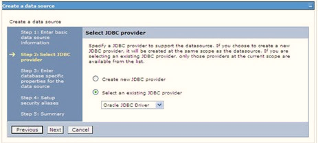 Select the option Select an Existing JDBC Provider and select the required JDBC provider from the drop-down list. Click Next, as shown in this illustration.