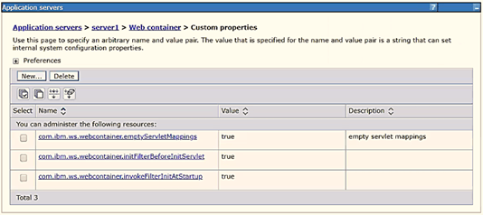 This illustration is an example for the Web Container Initialize Filters Before Servlet. Click Web Container Settings and then Custom Properties to view the Custom Properties window.