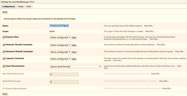 This illustration displays the WorkManager Screen 1. Enter the Name, Type, Target, Scope, and Stuck Thread Action. This illustration displays the WorkManager Screen 1. Enter the Name, Type, Target, Scope, and Stuck Thread Action.