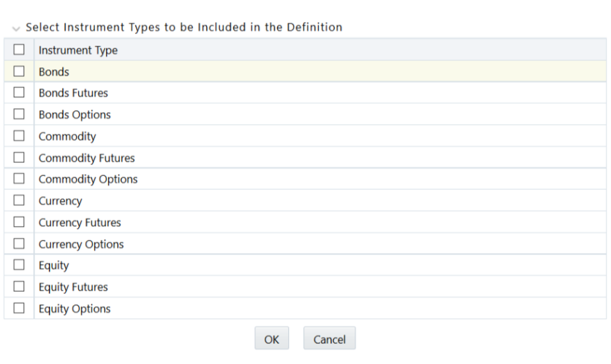 The Select Instrument Types to be included in the Definition Window