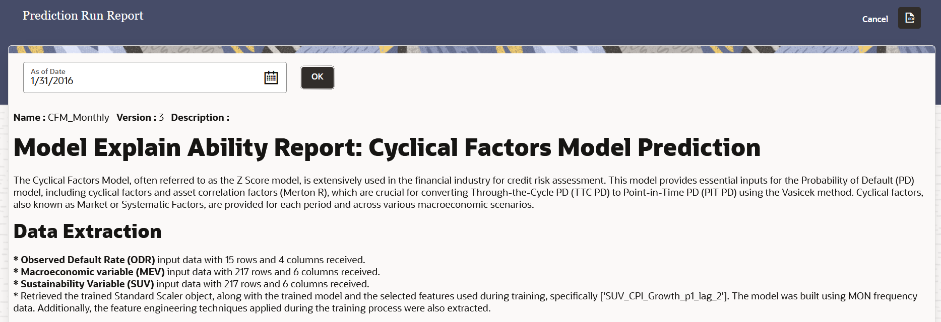 Prediction Run Report for a Selected Date Prediction Run Report for a Selected Date