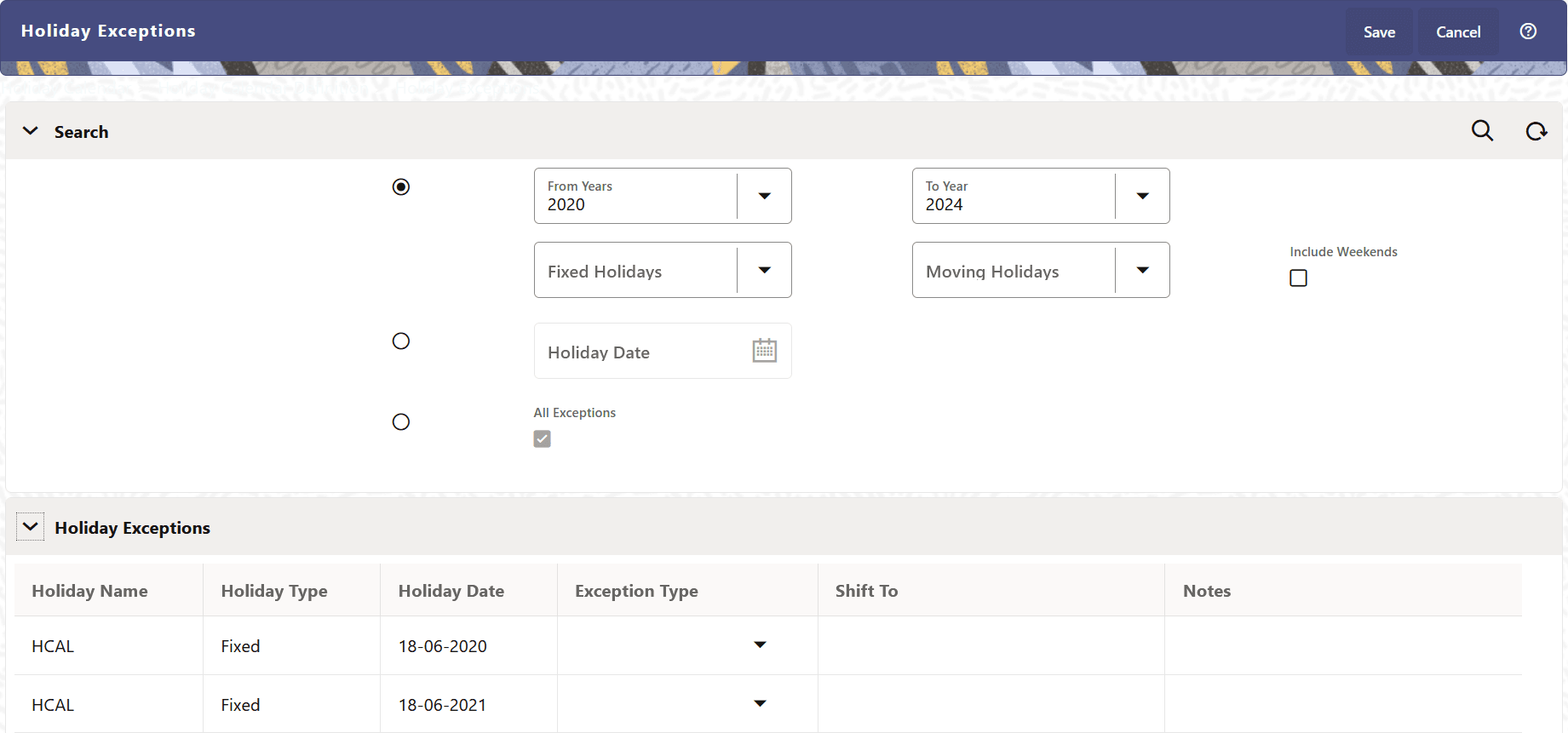 Holiday Exceptions Page