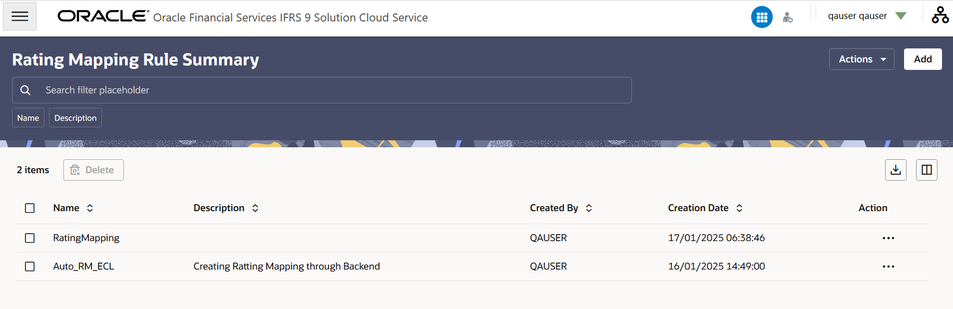 Rating Mapping Rule Summary Page
