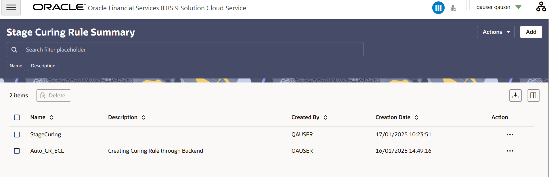 Stage Curing Rule Summary Page