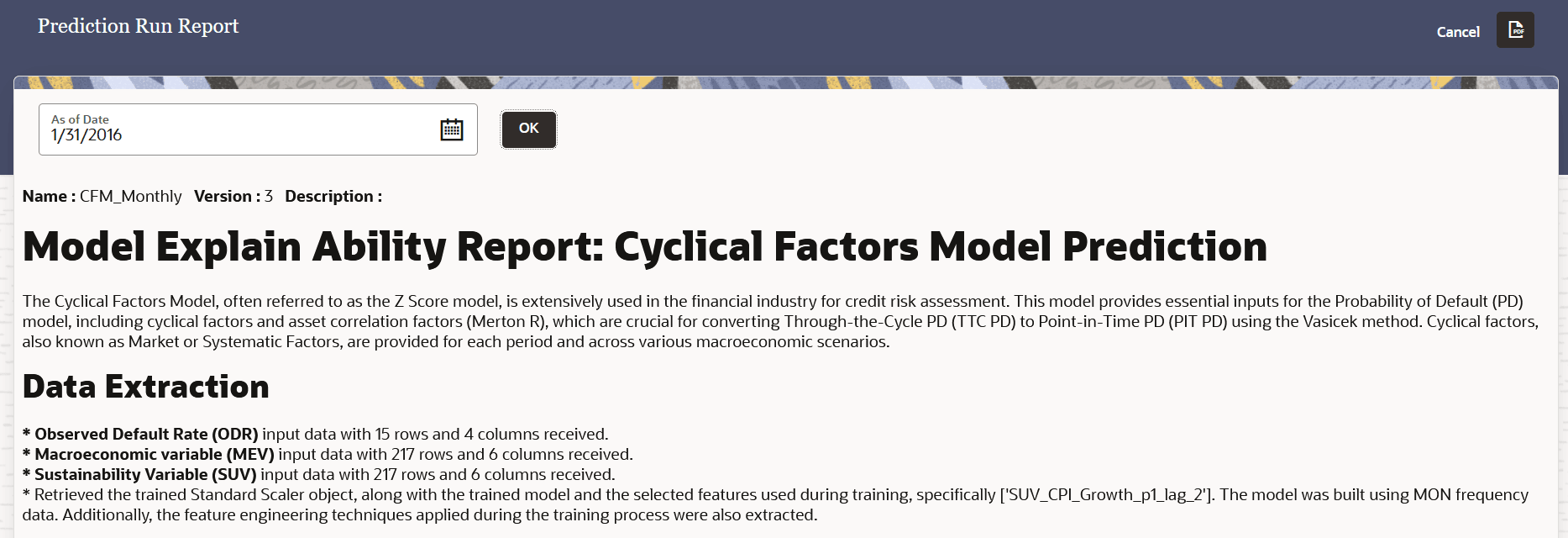 Prediction Run Report for a Selected Date