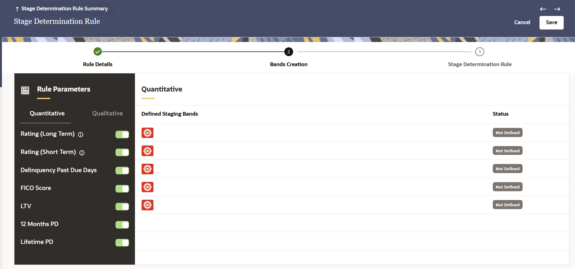The Stage Determination Rule Bands Creation Page