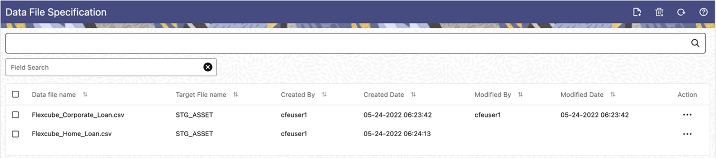 The Summary page of Data File Specification displays tje Search Criteria Pane, Sepcific Serach Pane, and the already created Data Files and their details. The Summary page of Data File Specification displays tje Search Criteria Pane, Sepcific Serach Pane, and the already created Data Files and their details.