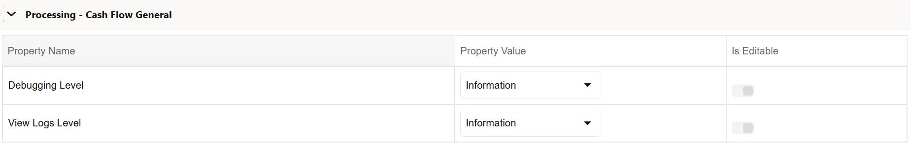 Processing-Cash Flow General section of Application Preference