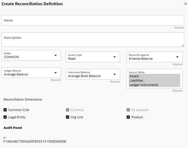 The Create Reconciliation screen allows you to define a new Reconciliation Definition. The Create Reconciliation screen allows you to define a new Reconciliation Definition.