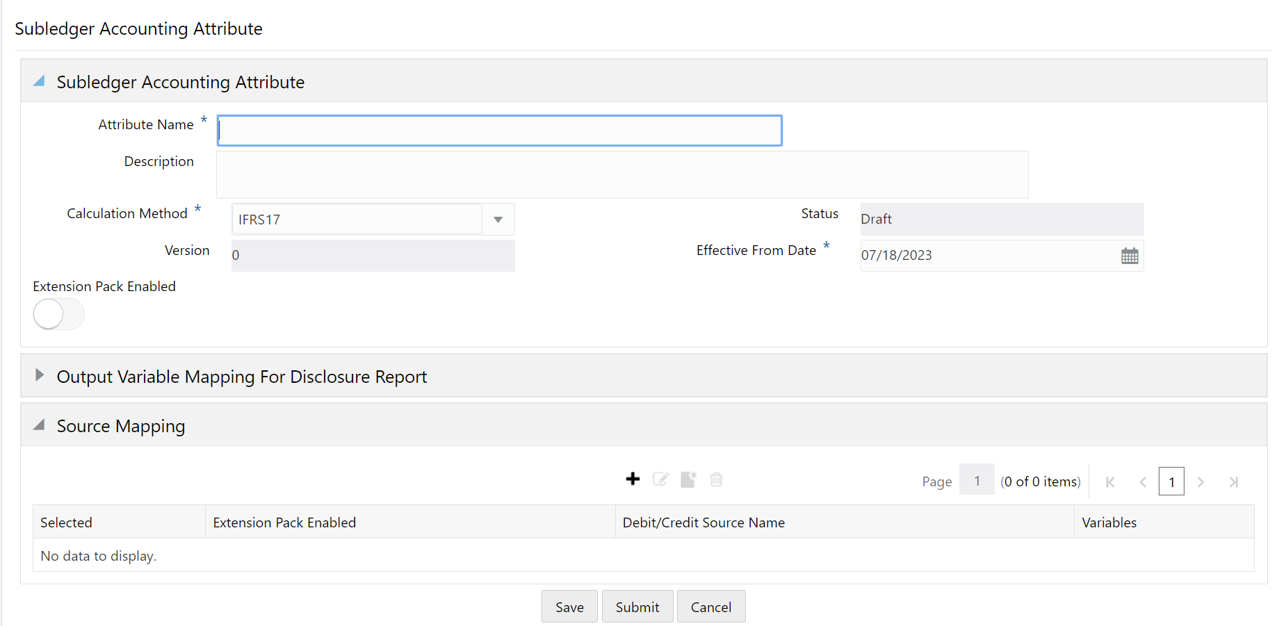 The Subledger Accounting Attribute Window with the Extension Pack Enabled Slider