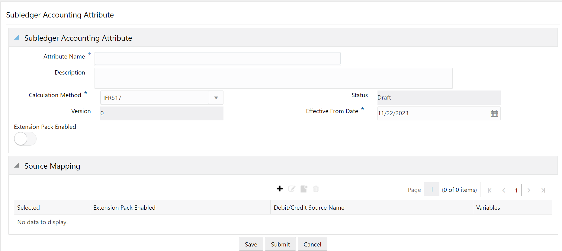 The Subledger Accounting Attribute Window with the Extension Pack Enabled Slider